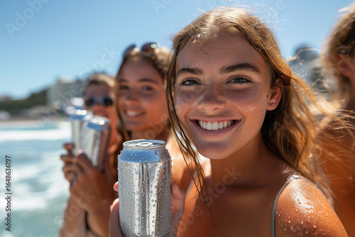 woman holding aluminum can with condensation droplet. Energy Drink for Sport. woman with Can in Hands. 