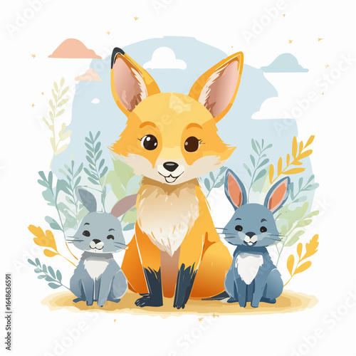 A series of whimsical animal vector illustrations in watercolor, including foxes and rabbits in soft pastel yellows, blues, and grays, with blended edges, suitable for children's books.