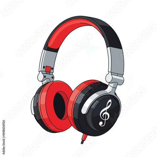 A stylish pair of red and black over-ear headphones with a treble clef symbol, illustrated on a white background.