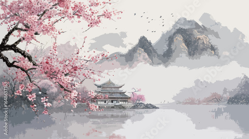 Chinese watercolor painting on wash paper with mountain, Chinese building and trees