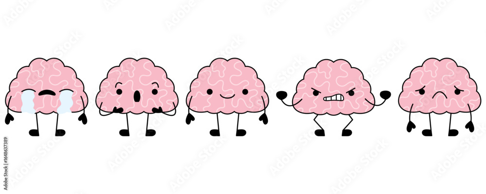 Fototapeta premium Happy and tired sad brain cartoon character set. Brain with low charge, depression, burnout, lack energy and power with high energy. Stock vector illustration isolated on white background.