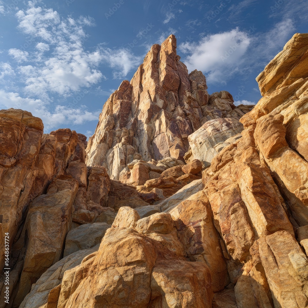 Fototapeta premium Rugged sandstone cliffs with geometric shapes beneath a clear sky