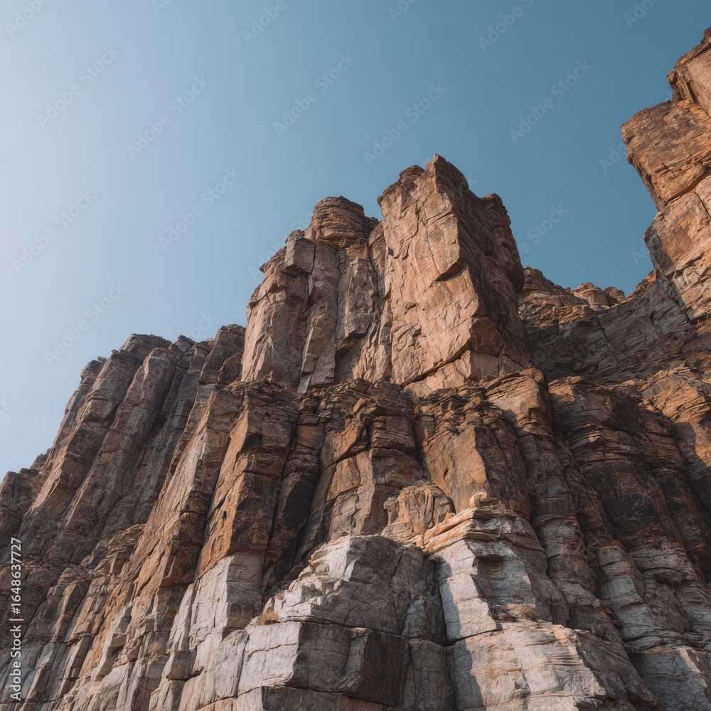 Fototapeta premium Rugged sandstone cliffs with geometric shapes beneath a clear sky