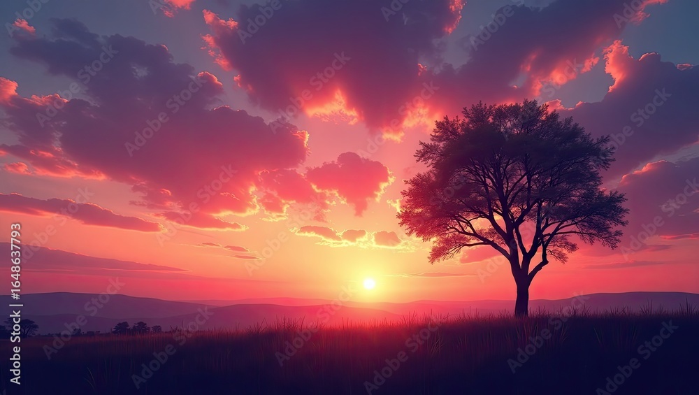 Fototapeta premium A solitary tree silhouetted against a vibrant sunset.