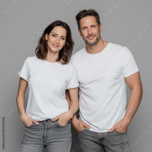 A professional photograph of an attractive female and male model wearing plain white t-shirts and denim jeans against a grey background, both models facing the camera