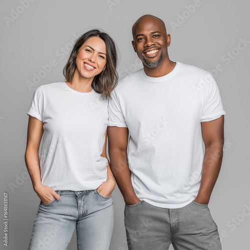 A professional photograph of an attractive female and male model wearing plain white t-shirts and denim jeans against a grey background, both models facing the camera