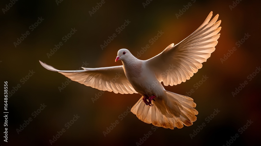 Obraz premium A beautiful white dove in flight against a dark background.