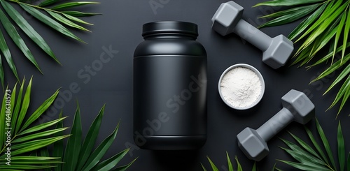 A black container of protein powder with dumbbells and tropical leaves on a dark background, fitness and health concept