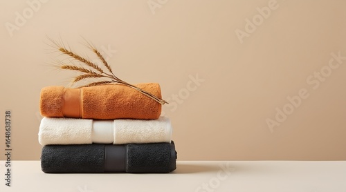A stack of three soft towels in orange, white, and grey colors, decorated with a dried plant, on a beige background