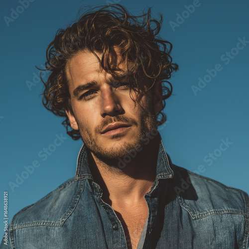 Headshot, a muscular man with wavy hair and stubble, wearing a denim shirt against a blue background. 