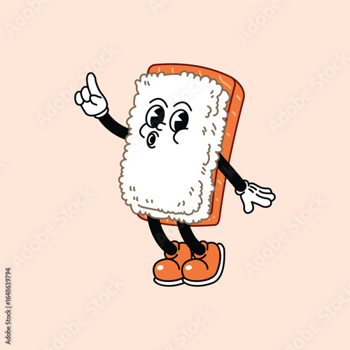 Cheerful Nigiri Sushi in Retro Vintage Mascot Character with gloved hand and foot, rubber hose cartoon style. Suitable for website, logo, infographics. Tiptoe and whistle cheerfully.