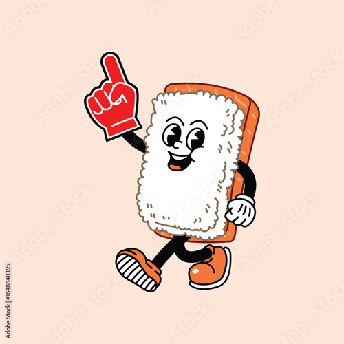 Cheerful Nigiri Sushi in Retro Vintage Mascot Character with gloved hand and foot, rubber hose cartoon style. Suitable for website, logo, infographics. Walking with number #1 gloves.