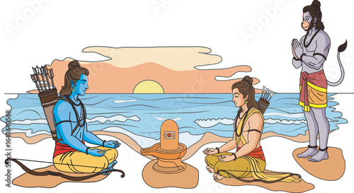 Rama and Lakshman performing penance before sand Shivalinga on Rameswaram beach with Hanuman standing behind to rescue Sita from Ravana in Sri Lanka