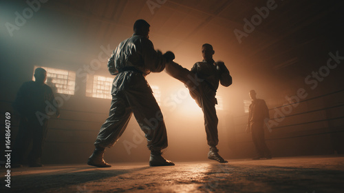 Two fighters sparring in a kickboxing ring under dramatic lighting
