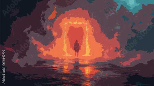 a pixelated gateway surrounded by glitch effects, one man in the front