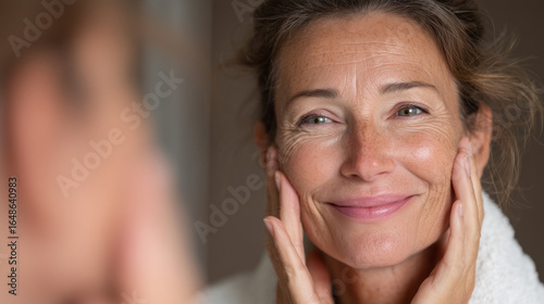 Happy middle-aged woman smiling while touching her face in the mirror