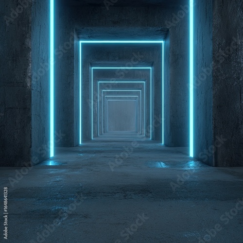 Dark concrete tunnel lit by bright turquoise neon lines