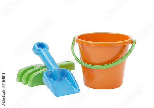 Colorful plastic beach toys including a bucket shovel and rake for children playtime