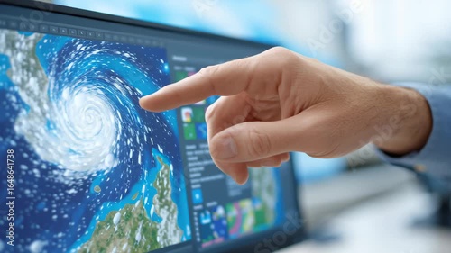 The use of technology and AI to assist in weather forecasting. A computer screen displaying detailed weather pattern analysis, with a person’s hand pointing.