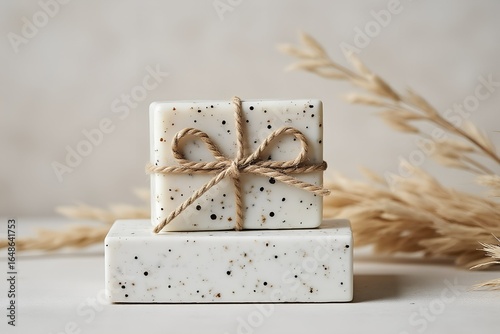 Handmade natural soap bar with speckled texture, tied with twine, resting on a matching soap dish