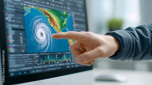 The use of technology and AI to assist in weather forecasting. A computer screen displaying detailed weather pattern analysis, with a person’s hand pointing.