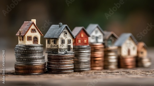 Miniature houses stacked on piles of coins representing mortgage and real estate investment