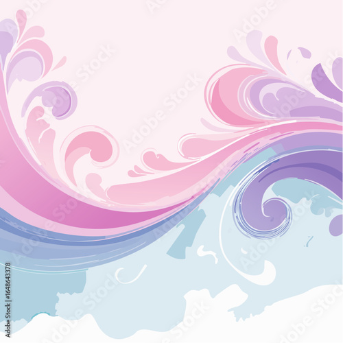 A vector abstract design with swirling patterns in watercolor style, blending pastel purples, pinks, and aquas with translucent layers, perfect for background wallpapers.