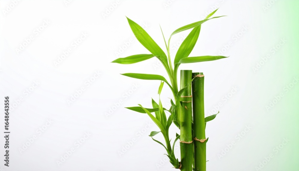 Fototapeta premium Three Bamboo Stalks with Leaves on White Gradient Background