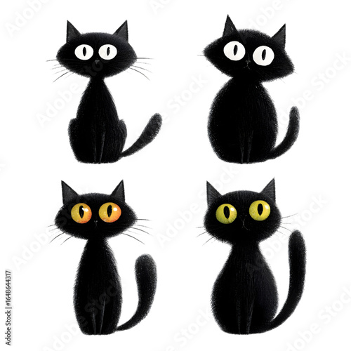 Four cartoon black cats with different eye colors sitting on a black background in a grid pattern on transparent background