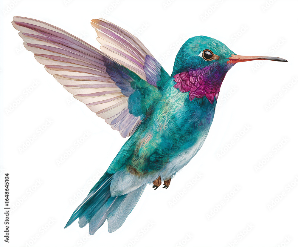 Obraz premium Watercolor illustration of a hummingbird in flight on a white background