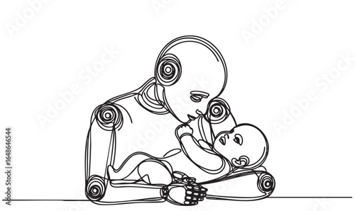 Mother robot hugs baby robot line sketch. Family of robots