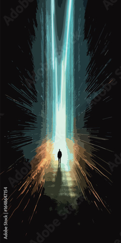 A person standing in the front of huge obstacle with a shining light coming.