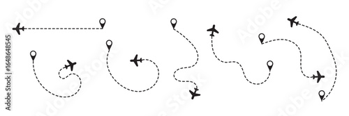 Airplane line path icon set. Vector illustration of air plane flight route with line trace on white background. map pins, location pins. Travel from start point and dotted line tracing. EPS 10