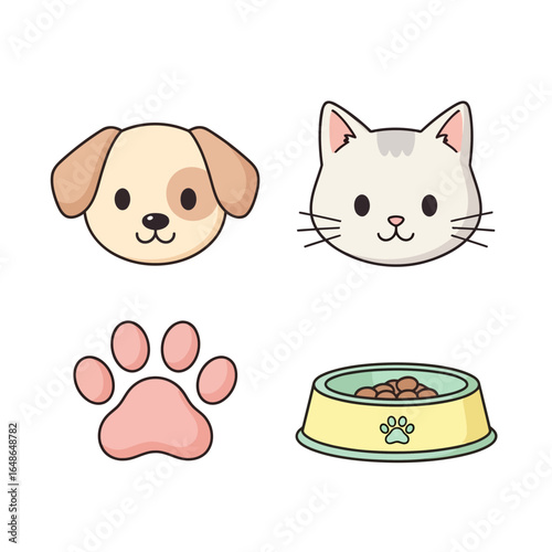Collection of cute pet care icons with adorable dog and cat faces, a paw print, and a food bowl