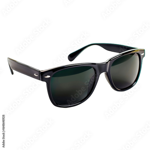 Classic-style sunglasses with dark-green lenses and black frames,  displayed against a black background, angled slightly to the viewer's left