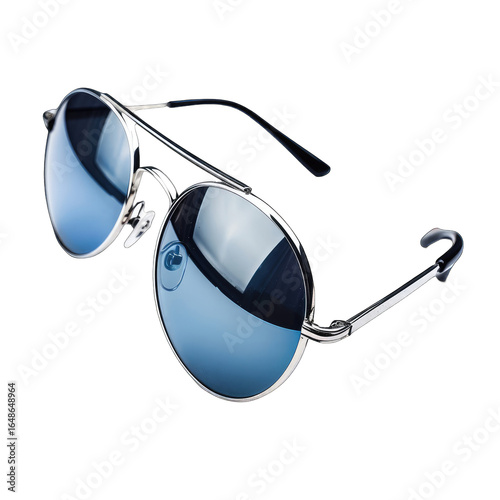 A pair of round, metallic-framed sunglasses with blue mirrored lenses are shown in a three-quarter view, angled slightly to the right. The reflection of the studio lights is visible in the lenses
