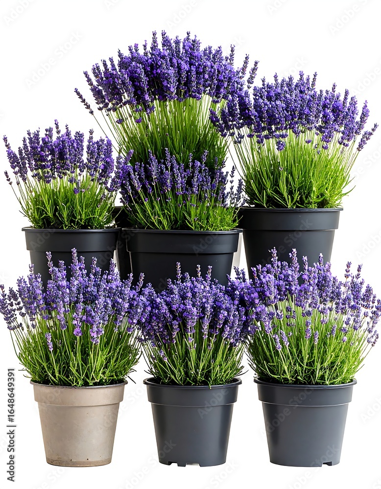 Fototapeta premium A collection of potted lavender plants, varying in size and arranged in a visually appealing tiered display