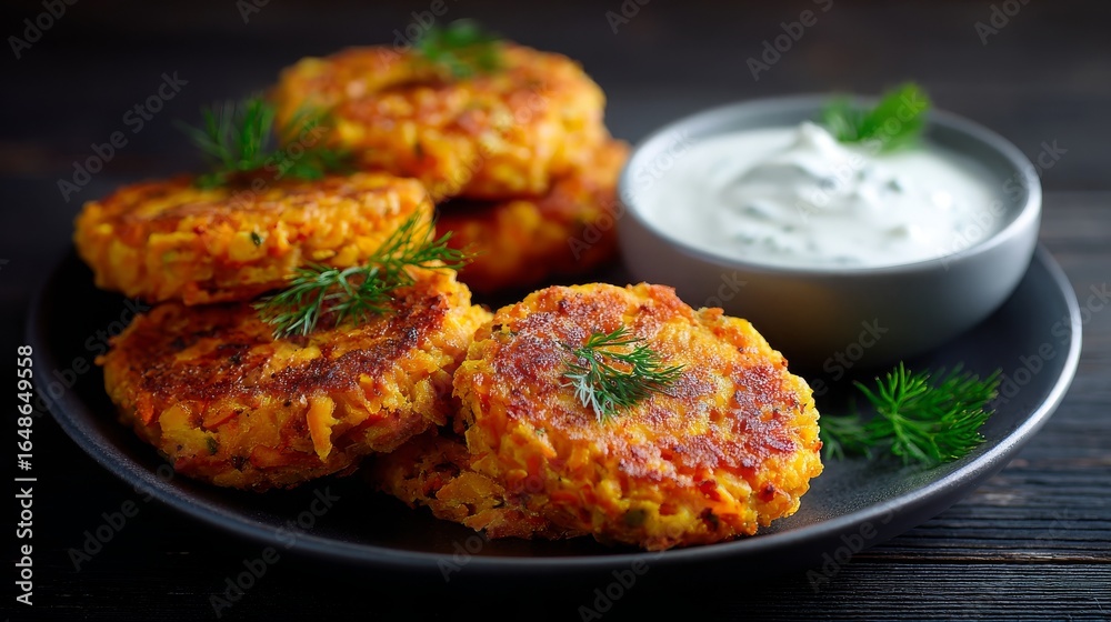 Fototapeta premium Carrot and pumpkin patties with a yogurt dip, food fotography, 16:9