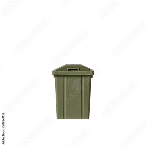 Olive-green trash receptacle