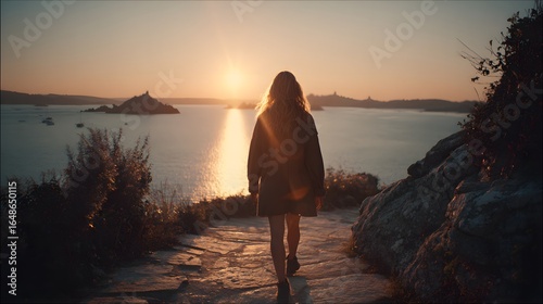 A person walks along a path at sunset overlooking a body of water.