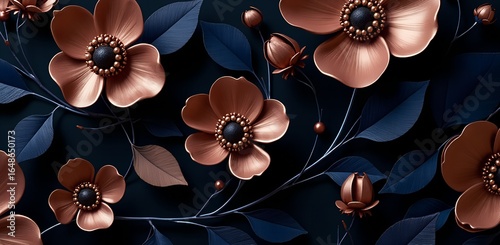 Intricate floral pattern with coppercolored flowers and dark blue leaves