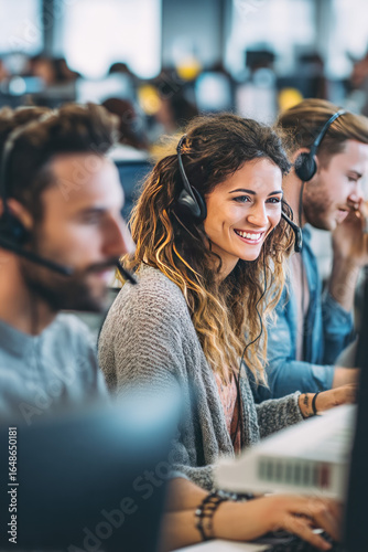 A busy tech company floor with people in headsets A virtual assistant is answering routine employee questions