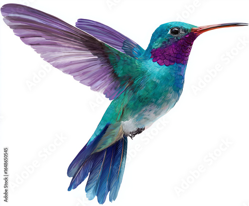 A vibrant hummingbird with outstretched wings on a white background view