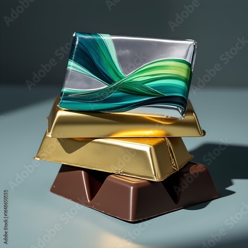 Stack of chocolate bars with a decorative wrapper, suggesting luxury and indulgence