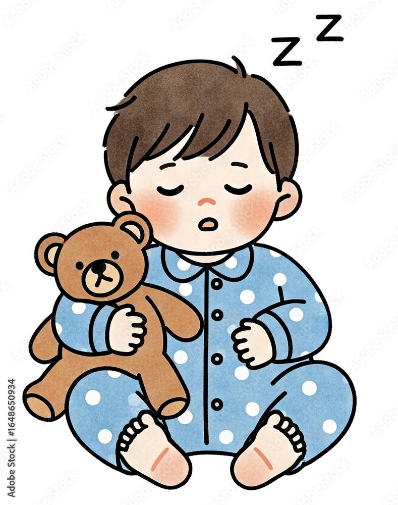 Obraz premium A sleeping child in blue polka-dot pajamas holds a brown teddy bear, conveying a sense of comfort and innocence.