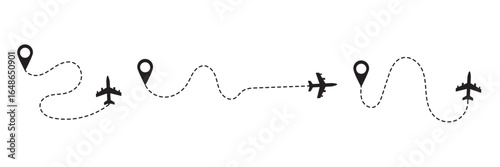 Travel concept Dotted path airplane Aircraft tracking. Line path vector icons of air plane flight routes with start point and dash line trace