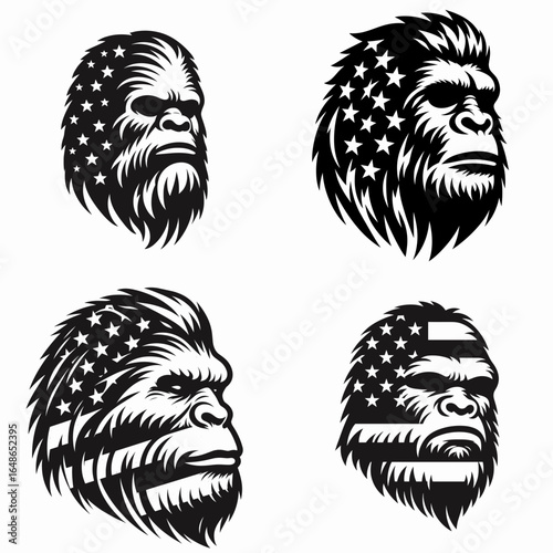 Bigfoot head with american flag print on. Independence Day 4th of July Patriotism Usa America Clipart Line Art Vector Illustration. Sasquatch face patriotic banner image upon apparel.