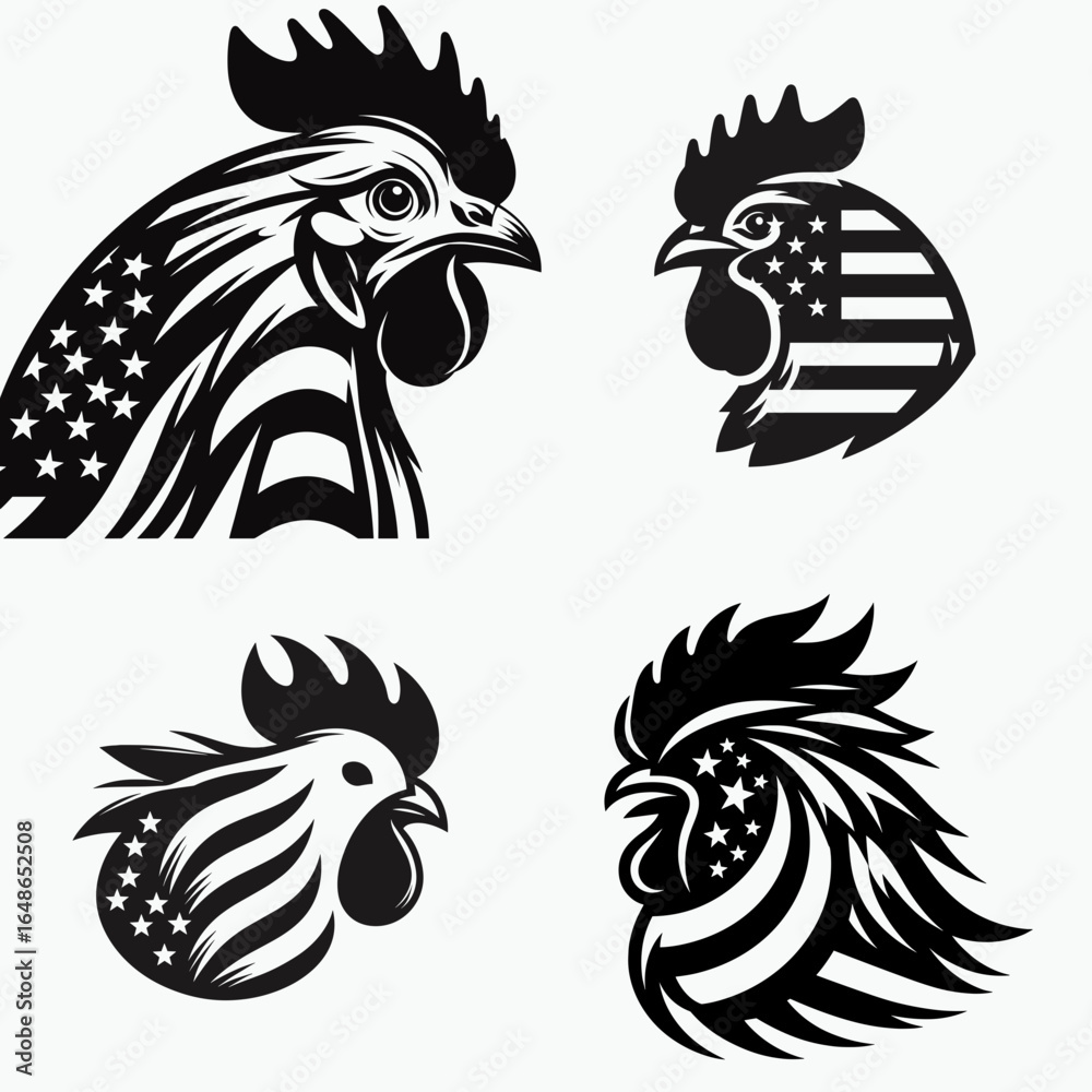 Obraz premium Chicken head with american flag print on. Independence Day 4th of July Patriotism Usa America Clipart Line Art Vector Illustration. Fowl face stars and stripes pattern graphic upon it.