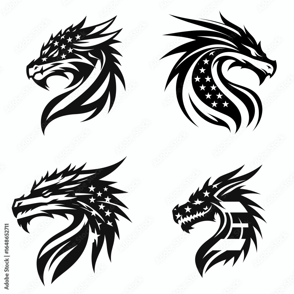 Fototapeta premium Dragon head with american flag print on. Independence Day 4th of July Patriotism Usa America Clipart Line Art Vector Illustration. Mythical reptile face stars and stripes design over garment.