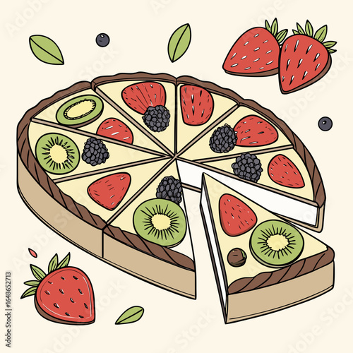 Vibrant Geometric Fruit Tart Creation, Kitchen, Illustration, Colorful Dessert, Structured Layout, Top View, Culinary Art